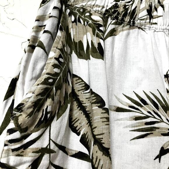 Tahari 100% Linen Wide Leg Pants L White Khaki Tropical Palm Print Resort Beach - Picture 2 of 9